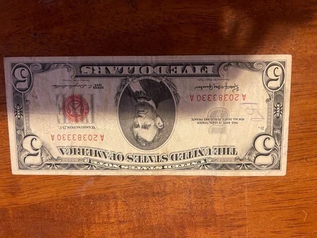 1963 $5 RED Seal Star NOTE Rare Old Five Dollar Bill Federal Reserve