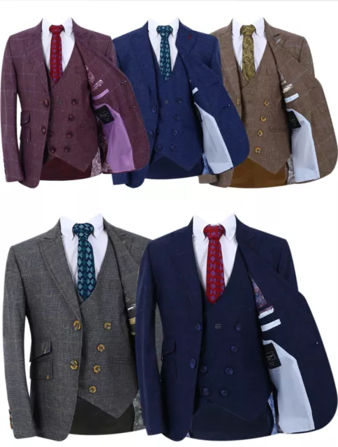 Boys Check Suit Slim Fit Page Boy Wedding Prom Formal 3 Piece Set