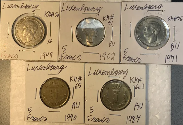 Luxembourg 1949 - 1990 Five 5 Francs XF - BU Condition 5 Coin Lot