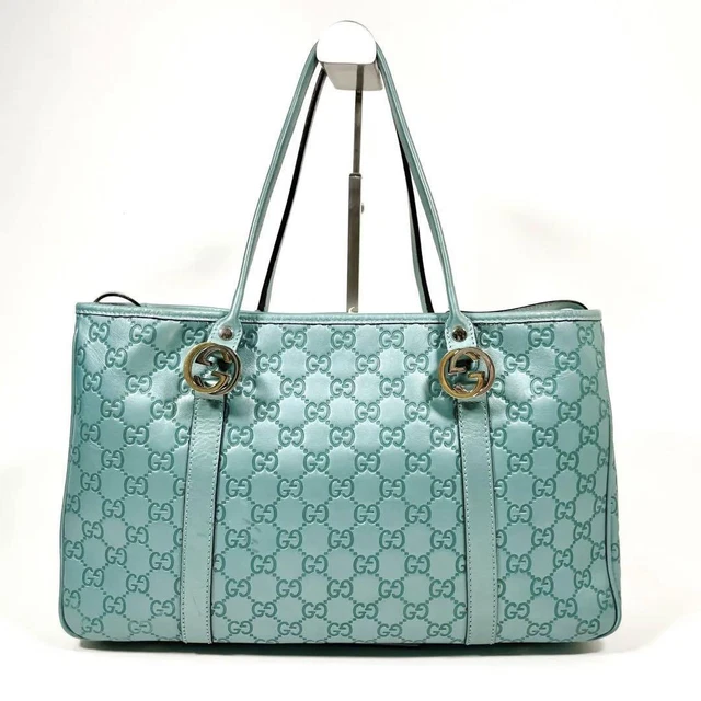 GUCCI Ssima Interlocking Tote Bag Leather Light Blue G9179 GUCCI Ssima Interlocking Tote Bag Leather Light Blue G9179