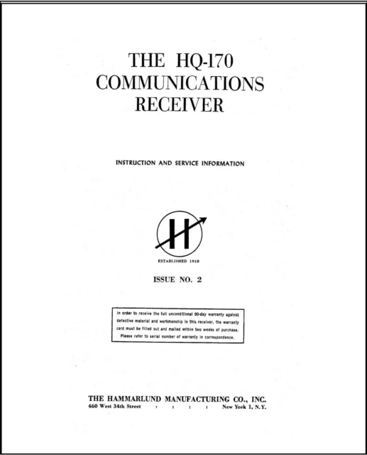 170 Receiver Operator & Service Manual Fits Hammarlund HQ-170