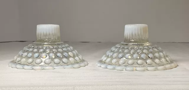 Pair of Fenton Opalescent Moonstone Glass Hobnail Taper Candle Holders