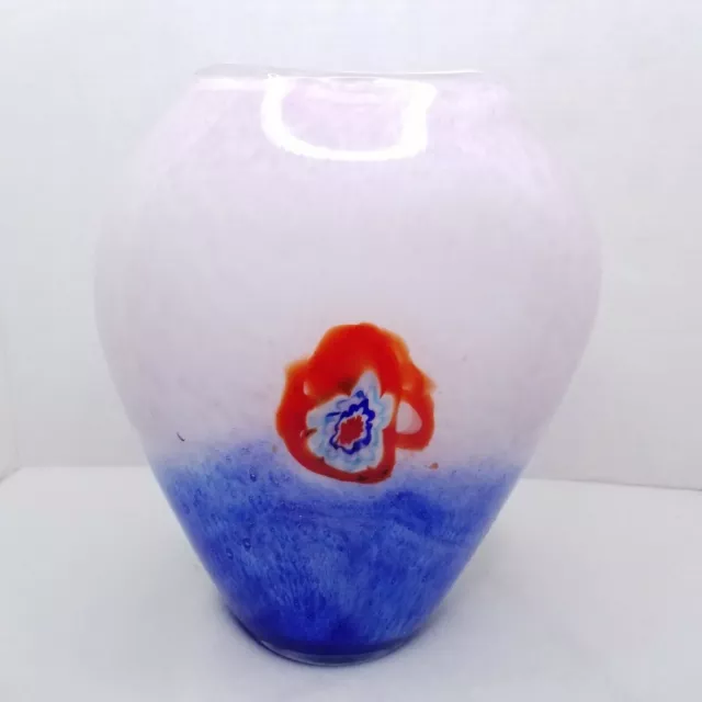 Vintage Large Murano Glass Vase - Italy Millefiori Very Heavy Blue White to Pink