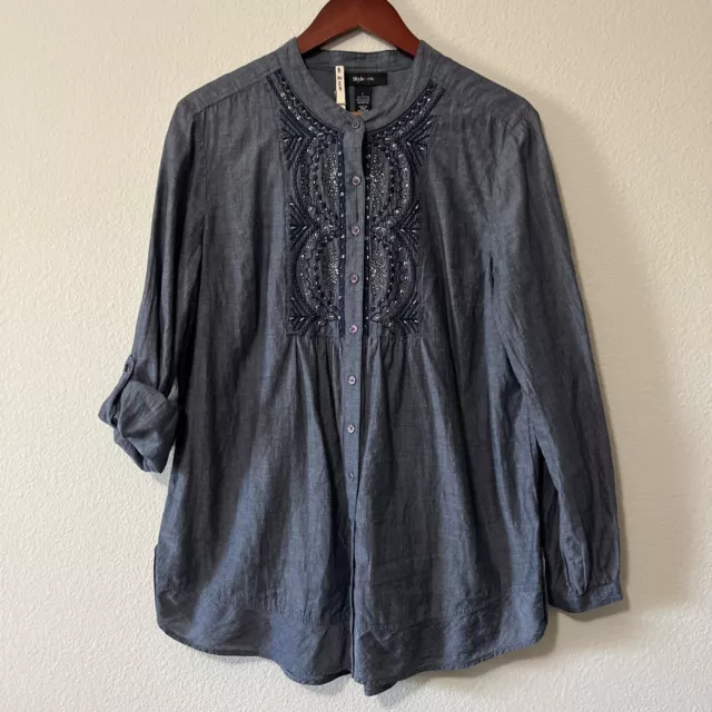 Style & Co Roll Long Tab Sleeve Embellished Sequin Button Chambray Shirt SZ L