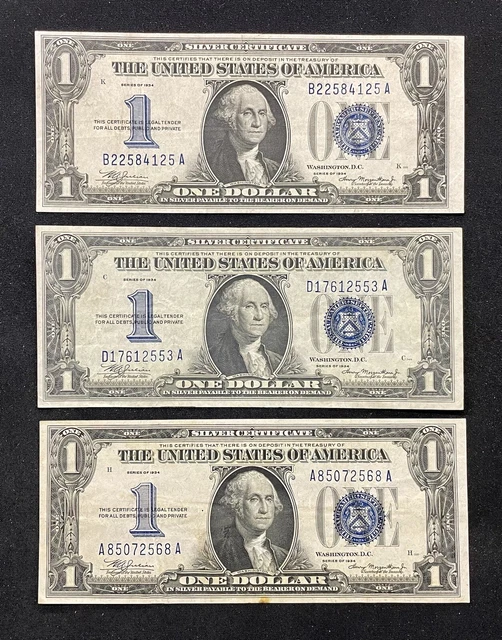 1934 $1 United States Silver Certificate Blue Seal Funny Back Lot Of 3 Bank Note