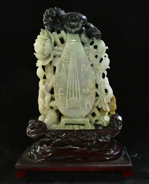 16.4 " Chinese Natural Emerald jadeite Jade Carved Fengshui Pipa flower Statue