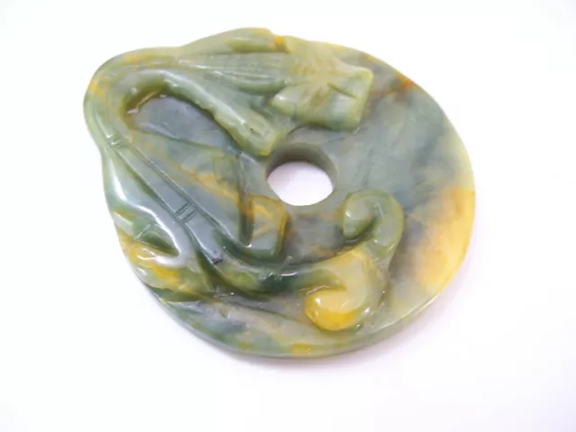 Chinese Spinach Jade Nephrite Carved Dragon Bi Disc Amulet 2