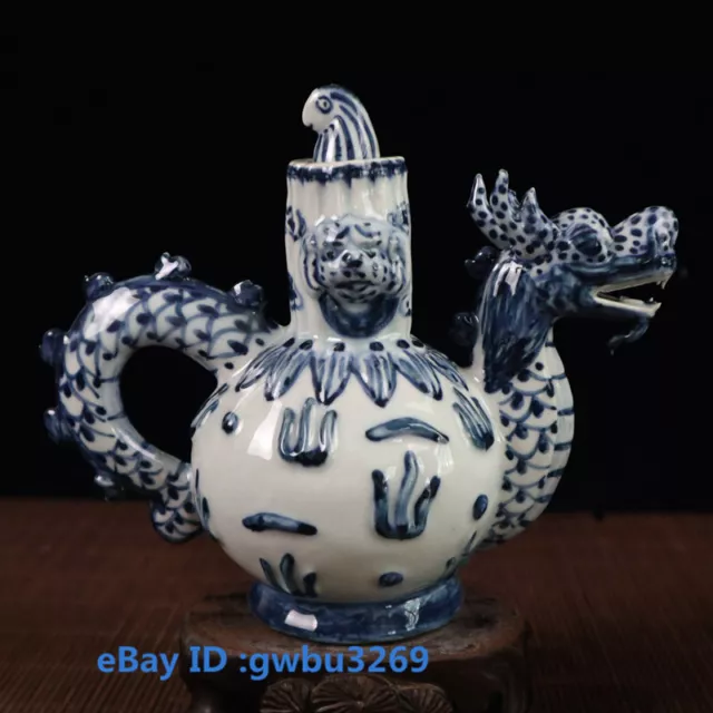 old Chinese Blue and white Porcelain Hand-painted Dragon Teapot w Kangxi  21581