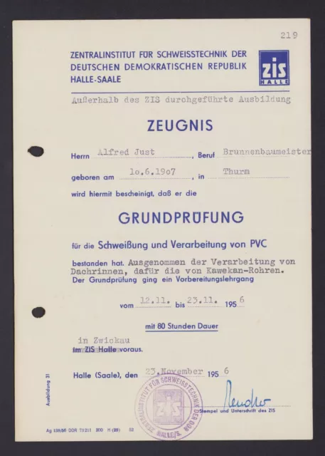 HALLE/SAALE, Zeugnis 1956, Zentralinstitut für Schweisstechnik der DDR
