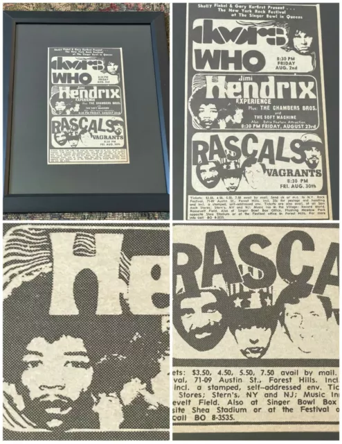 Jimi Hendrix, the Doors, the WHO, the Rascals, 1968 NY Rock Festivals Framed Ad!