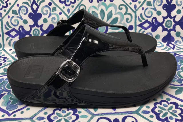 FitFlop Sandals Womens 9 The Skinny Thong Wedge Black Patent Leather A97-090