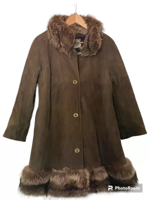 VINTAGE BULLOCKS WILSHIRE Suede Leather Coat Fur Trim Long Women’s L ...