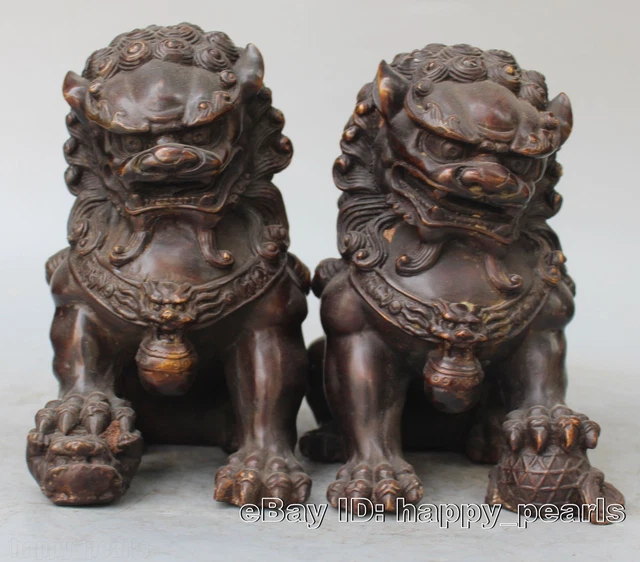 6.1" Fengshui Bronze Guardian Fu Foo Dogs Door Lion Leo Kid Ball Statue Pair