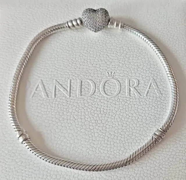 Genuine Silver Pandora Moments Snake Pave Heart Clasp Charm Bracelet 18cm S925