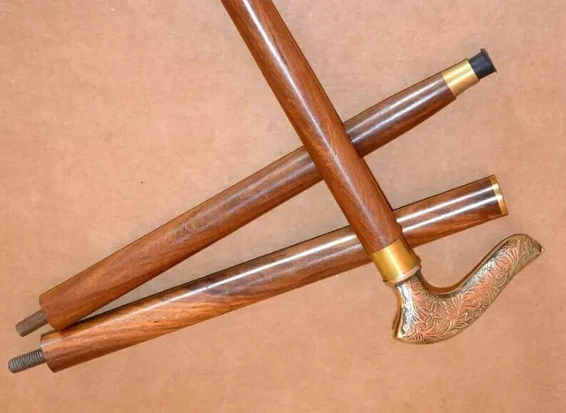 Vintage Messing en laiton télescope victorien pliant bâton de marche en bois bâton de