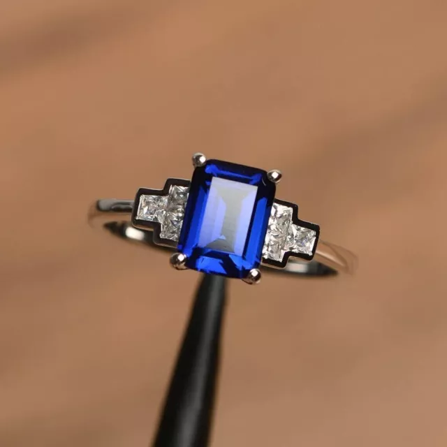 3Ct Emerald Cut Lab-Created Blue Sapphire Engagement Ring 14K White Gold Plated