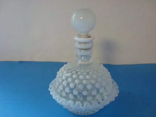 FENTON Vintage White Hobnail Opalescent Milk Glass Perfume Bottle Round Stopper