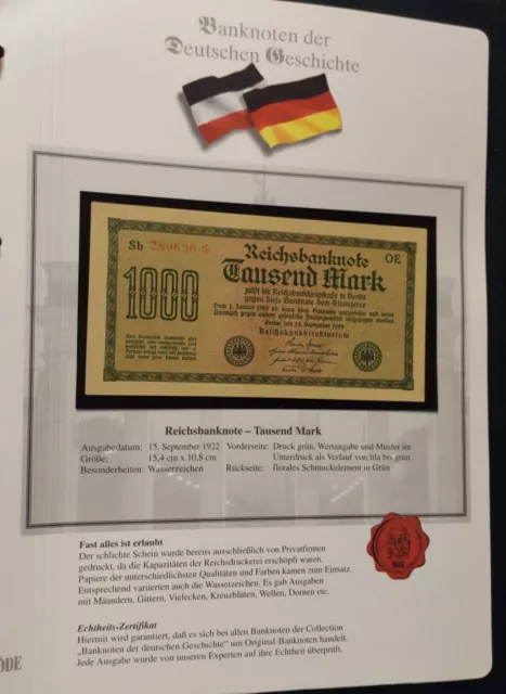 Banknoten der Deutschen Geschichte 1000 Mark 1922