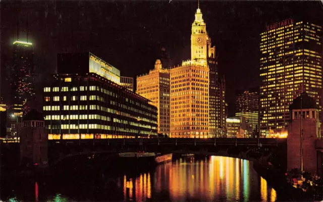 Chicago IL, River Night Lights Sun Times Daily News Wrigley, Vintage Postcard