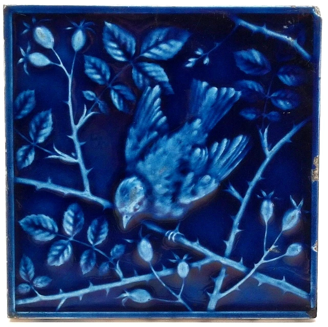 Antique Fireplace Majolica Tile Blue Bird & Rose Hip Design Minton's C1900