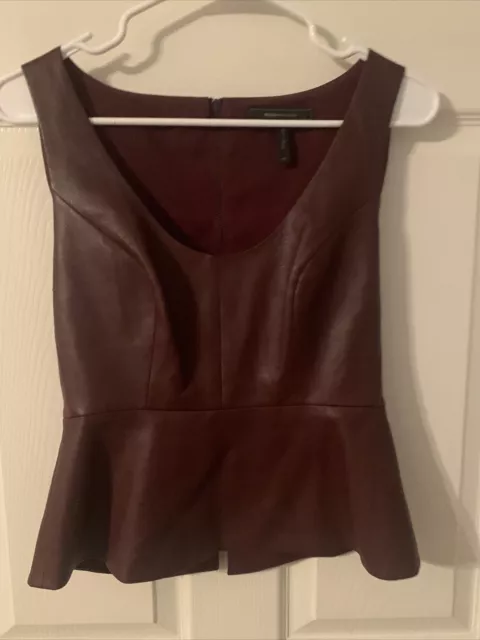 BCBG Maxazria Women’s XS Faux Leather Sleeveless Peplum Top Shirt