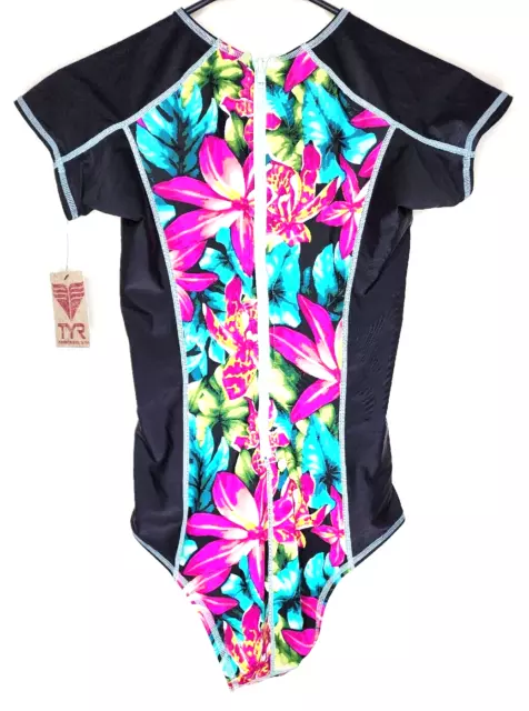 TYR Womens Black Floral Front Zip One Piece Swimsuit Sz S Brand New