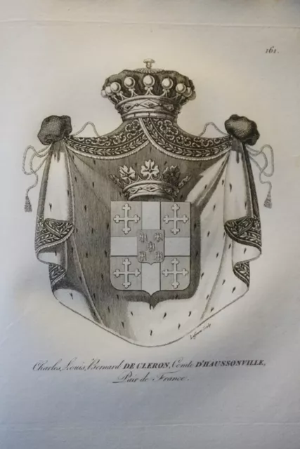 GRAVURE BLASON HERALDIQUE d'HAUSSONVILLE de CLERON ARMOIRIES RESTAURATION 1815