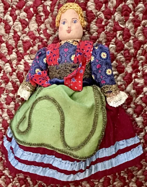 Antique Cloth Hand Embroidered German Doll, So Sweet! 6” Signed By Maker