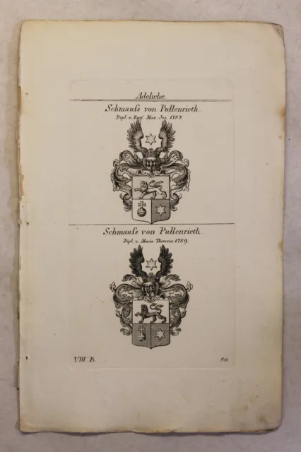 Kupferstich Wappen Familie Schmaufs von Pullenrieth 1825 Heraldik Adel Bayern xz