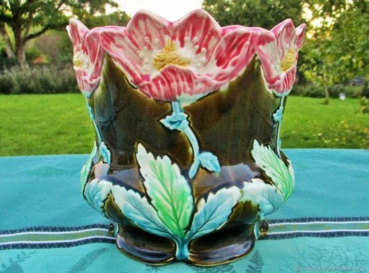 Vase à Fruits Plat Ancien Barbotin Chou – Faïence Portugaise – Vert – Vintage