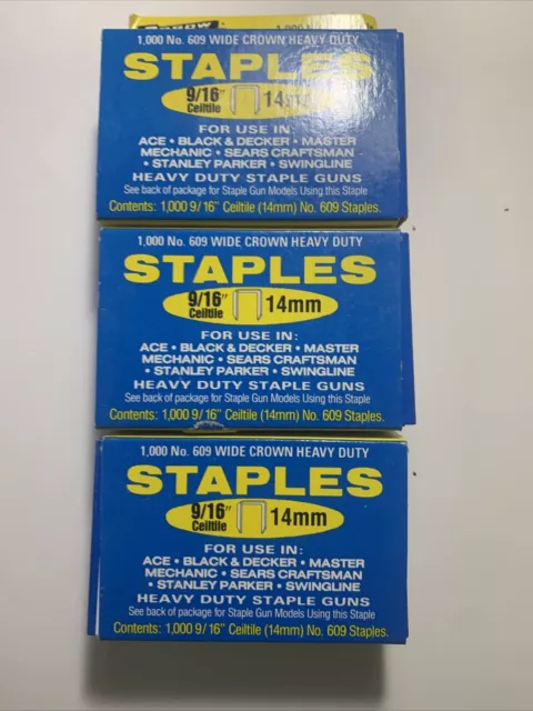 3 Boxes of 1000/pig Arrow 609 Wide Crown Staples 9/16" (14mm)  3,000 Total P6