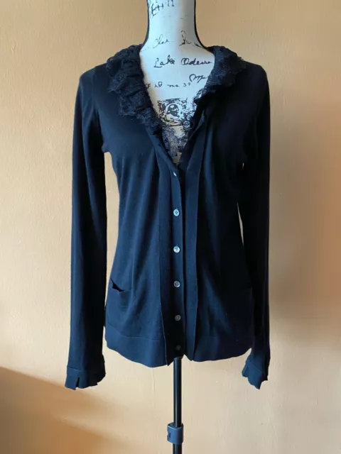Elie Tahari Black 100% Merino Wool Lace Trim Cardigan Sweater Size Small