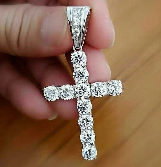 Pendentif croix de tennis en diamant simulé taille ronde 3 carats plaqué or...