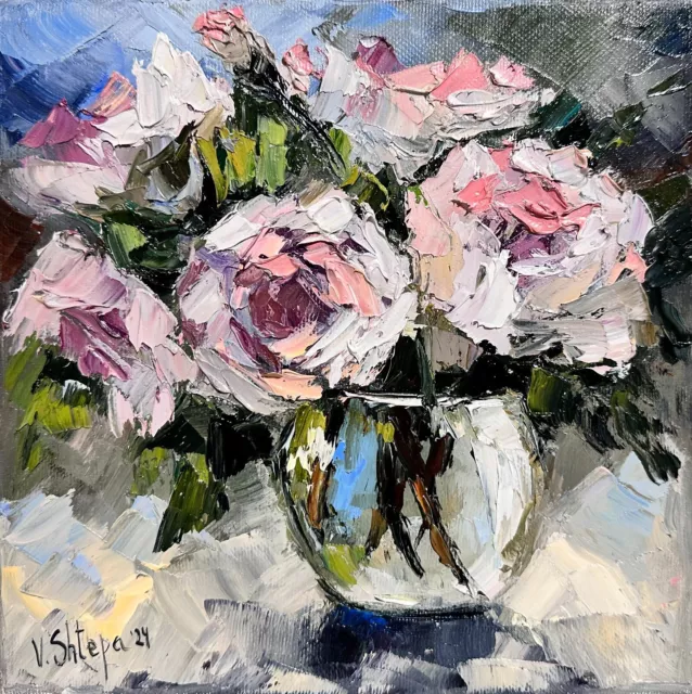 Original Oil Painting Peonies Blooming Roses Flowers Still life Signed Art 8x8