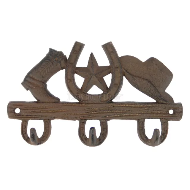 Small Rustic Western Key Rack Holder Hat Horseshoe Boot 3 Hooks Cast Iron