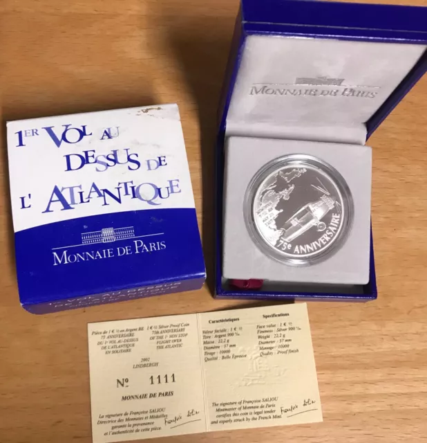 FRANCIA  2002 - Euro 1,5  in  argento proof, Primo Volo sull'Atlantico