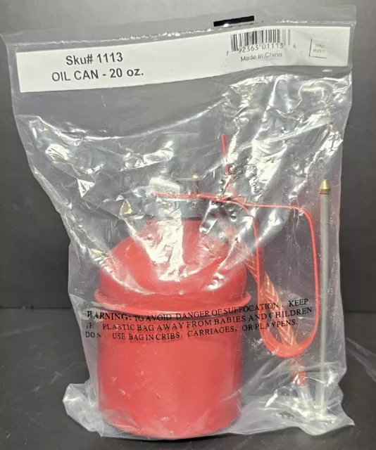 RED METAL OIL CAN Thumb Pump 20 oz  2 Spouts - Flexible & Straight New # 1113
