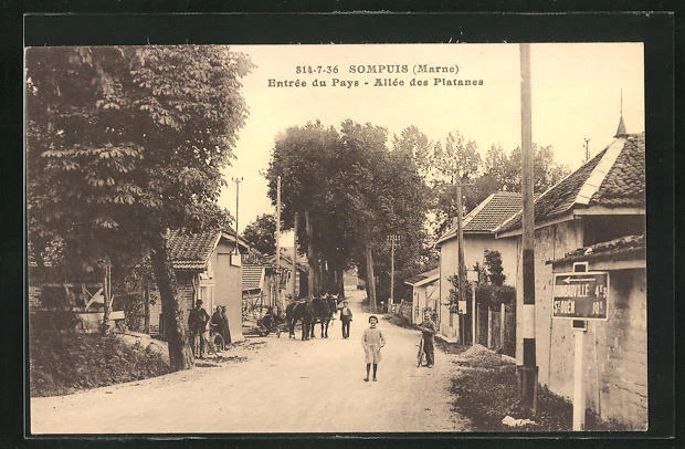CPA Sompius, Entrèe du Pays - Allèe des Platanes