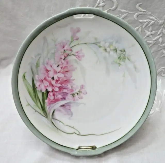 Vintage RS Germany Decorative Hand Painted Plate Pink & White Lilacs Green Rim