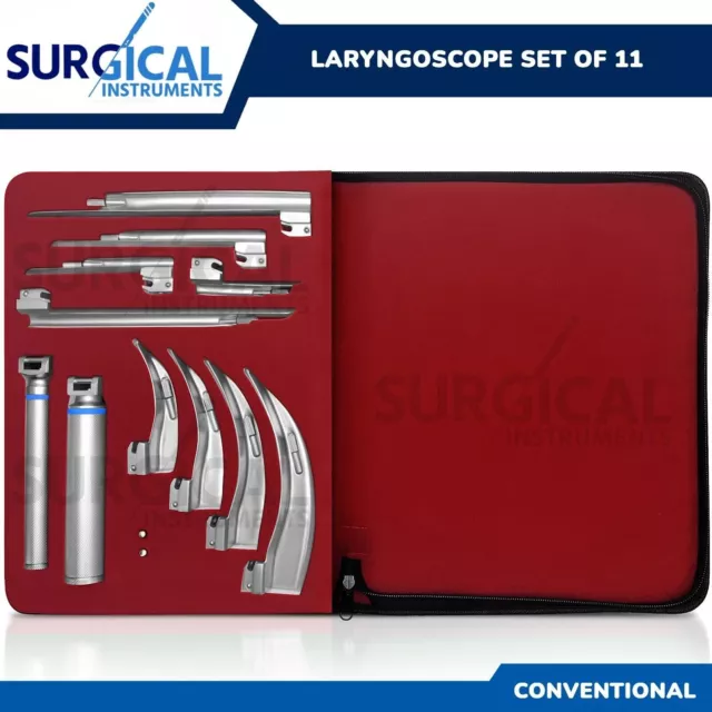 Laryngoscope Mac + Miller Set of 9 Blades & 2 Handles EMT Anesthesia Intubation