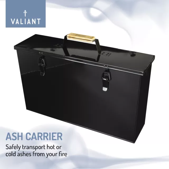 Valiant Kamin Aschenbox und Träger - Hochglanz schwarz Metall mit Verschlüssen