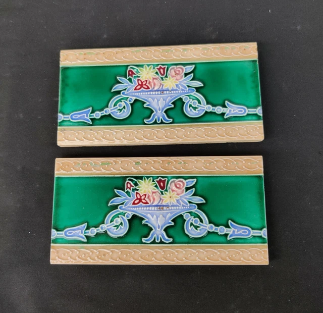 1940s Vintage Architecture Furniture Tile 2 Pc Floral Majolica Art Nouveau Japan