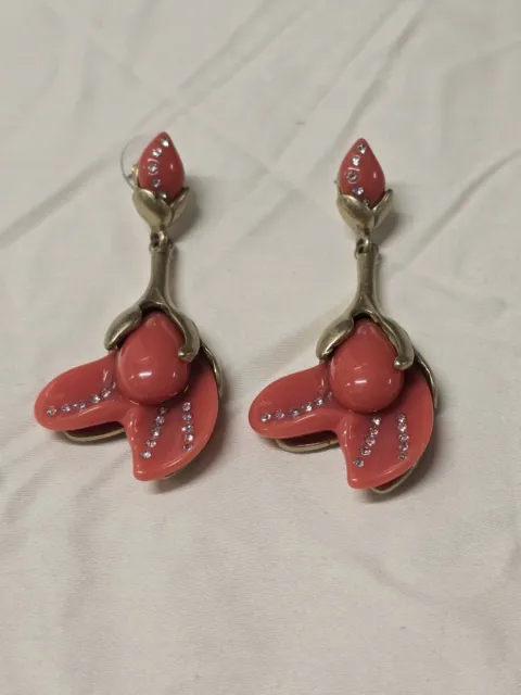 Oscar De La Renta Signed Auth Coral Magnolia Couture Runway Earrings Made In Usa