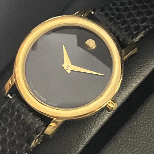 Movado quadrante nero da donna accento oro 87 A1 834, usato con scatola e libretto