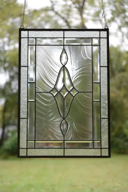 19" x 27"  Stunning Handcrafted All Clear stained glass Beveled window panel