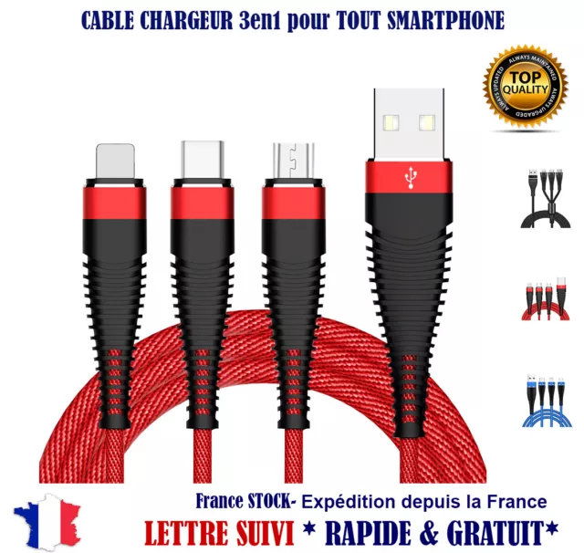 Cable 3en1 3in1 chargeur Type C Micro usb iPhone android Samsung LG Sony HTC Xia