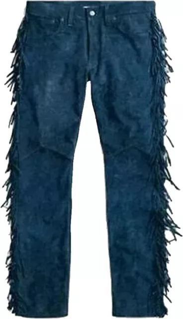 Blue Fringes Men Soft Suede Genuine Motorcycle 100%Leather Lambskin Pant Party