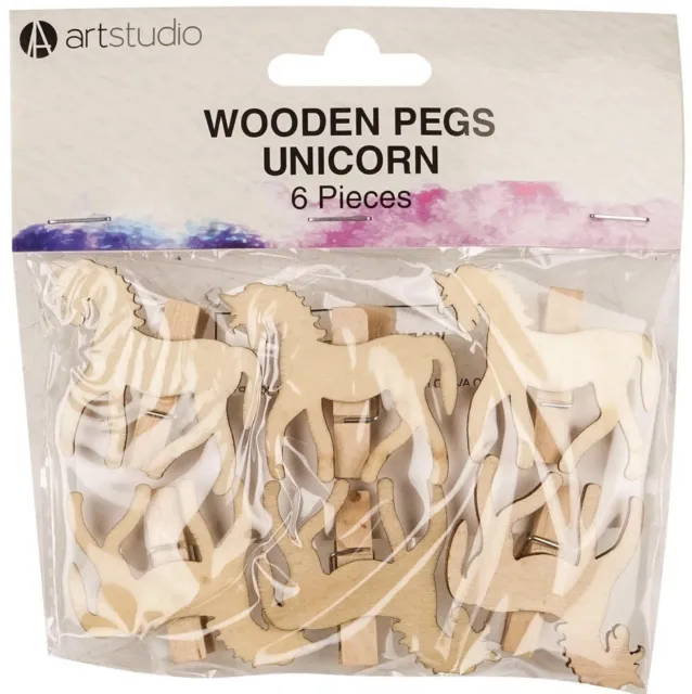 Pack of Six Art Studio Wooden Pegs Unicorn
