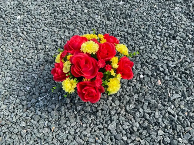 Beautiful artificial Red Rose /  yellow arrangement in grave/memorial/crem pot 2