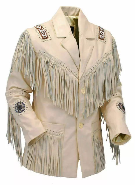 Men Native American Western Cowboy Leather Jacket with Fringe & Bead Art Work